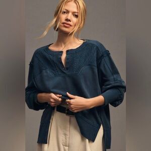 Anthropologie Pilcro Pintuck Sweatshirt Top Cotton Long Sleeve Navy XXS 284731
